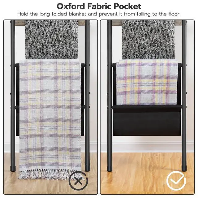 Alt view image 3 of 7 - Blanket Ladder, 5 Tier Towel Rack, 17.3" L x 63" H, Wall-Leaning Blanket Rack for Living Room, Decorative Ladder with 4 Hooks and Magazine Pocket, Greige BG32CJ01