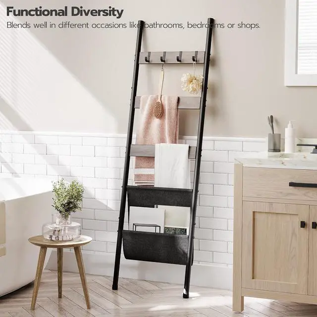 Alt view image 4 of 7 - Blanket Ladder, 5 Tier Towel Rack, 17.3" L x 63" H, Wall-Leaning Blanket Rack for Living Room, Decorative Ladder with 4 Hooks and Magazine Pocket, Greige BG32CJ01