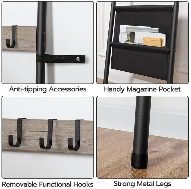 Alt view image 5 of 7 - Blanket Ladder, 5 Tier Towel Rack, 17.3" L x 63" H, Wall-Leaning Blanket Rack for Living Room, Decorative Ladder with 4 Hooks and Magazine Pocket, Greige BG32CJ01