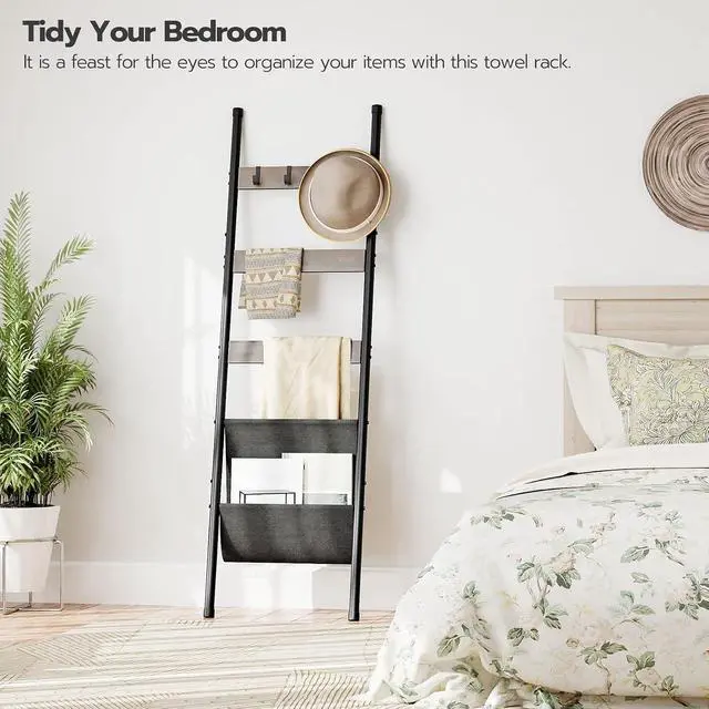 Alt view image 6 of 7 - Blanket Ladder, 5 Tier Towel Rack, 17.3" L x 63" H, Wall-Leaning Blanket Rack for Living Room, Decorative Ladder with 4 Hooks and Magazine Pocket, Greige BG32CJ01