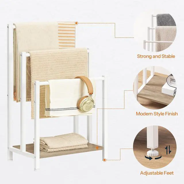 Alt view image 4 of 7 - Free Standing Towel Rack, 3 Tier Blanket Rack, Blanket Holder for Bathroom, 16.9" L x 11" W x 31.9" H, Industrial Metal Drying and Display Rack with Shelf, White and Grey WG03LB01