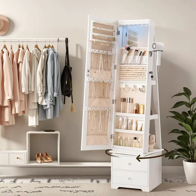 Alt view image 3 of 7 - 360° Swivel Jewelry Cabinet with LED Lights, Standing Jewelry Armoire with 2 Drawers, Rotatable Full-Length Mirror Jewelry Organizer, Lockable Jewelry Storage Cabinet Makeup Brush Boxes, White