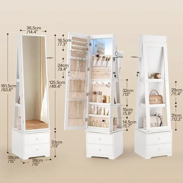 Alt view image 5 of 7 - 360° Swivel Jewelry Cabinet with LED Lights, Standing Jewelry Armoire with 2 Drawers, Rotatable Full-Length Mirror Jewelry Organizer, Lockable Jewelry Storage Cabinet Makeup Brush Boxes, White