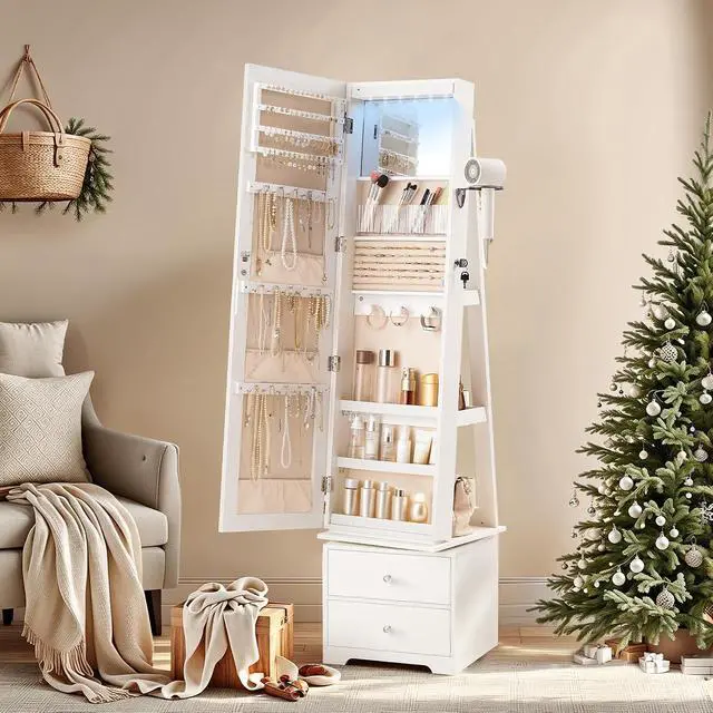 Alt view image 4 of 7 - 360° Swivel Jewelry Cabinet with LED Lights, Standing Jewelry Armoire with 2 Drawers, Rotatable Full-Length Mirror Jewelry Organizer, Lockable Jewelry Storage Cabinet Makeup Brush Boxes, White