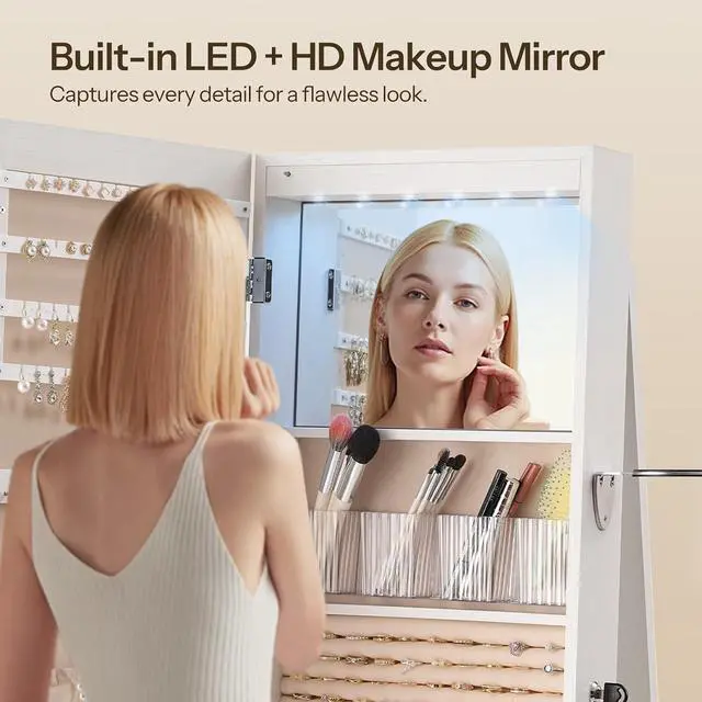 Alt view image 6 of 7 - 360° Swivel Jewelry Cabinet with LED Lights, Standing Jewelry Armoire with 2 Drawers, Rotatable Full-Length Mirror Jewelry Organizer, Lockable Jewelry Storage Cabinet Makeup Brush Boxes, White