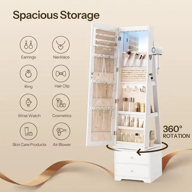Alt view image 7 of 7 - 360° Swivel Jewelry Cabinet with LED Lights, Standing Jewelry Armoire with 2 Drawers, Rotatable Full-Length Mirror Jewelry Organizer, Lockable Jewelry Storage Cabinet Makeup Brush Boxes, White
