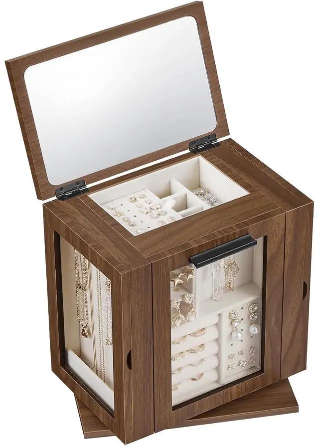 Main image of 360° Rotating Jewelry Box with Mirror, Jewelry Organizer with 4 Drawers, 3 Transparent Acrylic Doors, Wooden Jewelry Storage Box for Necklaces, Rings, Bracelets, Earrings, Walnut BH31JB04