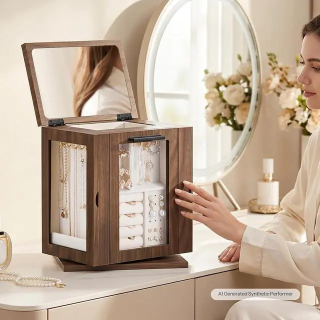 Alt view image 2 of 7 - 360° Rotating Jewelry Box with Mirror, Jewelry Organizer with 4 Drawers, 3 Transparent Acrylic Doors, Wooden Jewelry Storage Box for Necklaces, Rings, Bracelets, Earrings, Walnut BH31JB04