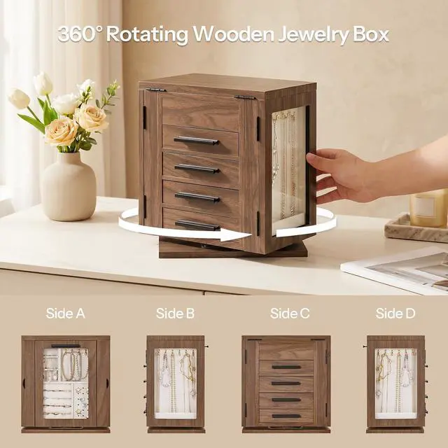 Alt view image 4 of 7 - 360° Rotating Jewelry Box with Mirror, Jewelry Organizer with 4 Drawers, 3 Transparent Acrylic Doors, Wooden Jewelry Storage Box for Necklaces, Rings, Bracelets, Earrings, Walnut BH31JB04