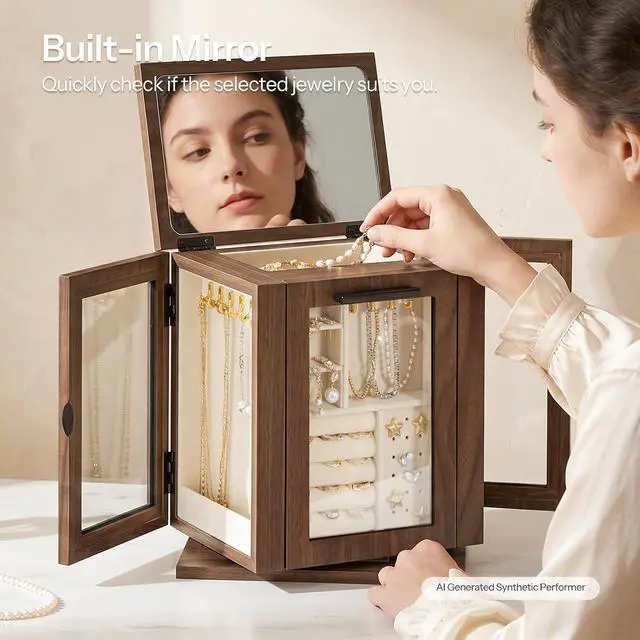 Alt view image 5 of 7 - 360° Rotating Jewelry Box with Mirror, Jewelry Organizer with 4 Drawers, 3 Transparent Acrylic Doors, Wooden Jewelry Storage Box for Necklaces, Rings, Bracelets, Earrings, Walnut BH31JB04