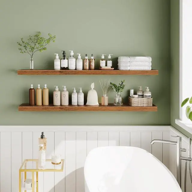 Alt view image 7 of 7 - Floating Shelves for Wall, Wall Mounted Shelf Set of 2, 55" Hanging Shelf with Invisible Brackets, for Wall Storage in Bathroom Bedroom Kitchen Living Room Office, Rustic Brown BF140BJP201
