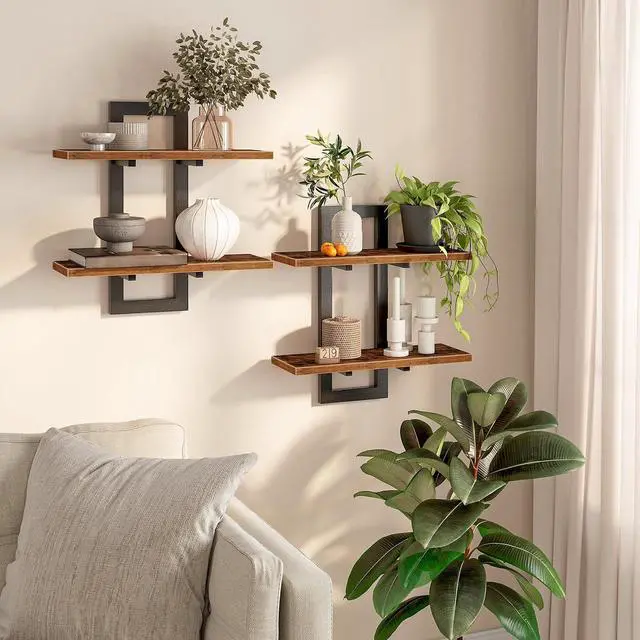 Main image of Floating Shelves, 15 Inch Wall Shelf Set of 2, Wall Mounted Storage Shelves 2-Tier, Hanging Bathroom Shelves, for Living Room, Bedroom, Bathroom, Kitchen, Rustic Brown and Black BF32BJ01G1
