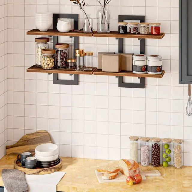Alt view image 3 of 7 - Floating Shelves, 15 Inch Wall Shelf Set of 2, Wall Mounted Storage Shelves 2-Tier, Hanging Bathroom Shelves, for Living Room, Bedroom, Bathroom, Kitchen, Rustic Brown and Black BF32BJ01G1