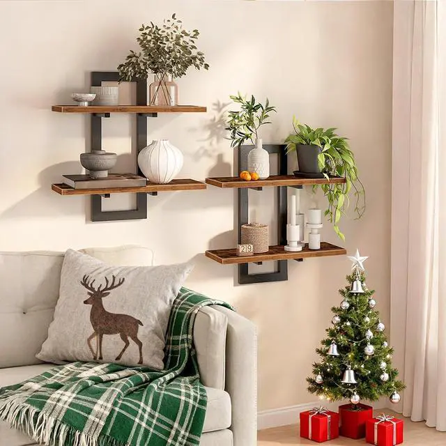 Alt view image 4 of 7 - Floating Shelves, 15 Inch Wall Shelf Set of 2, Wall Mounted Storage Shelves 2-Tier, Hanging Bathroom Shelves, for Living Room, Bedroom, Bathroom, Kitchen, Rustic Brown and Black BF32BJ01G1