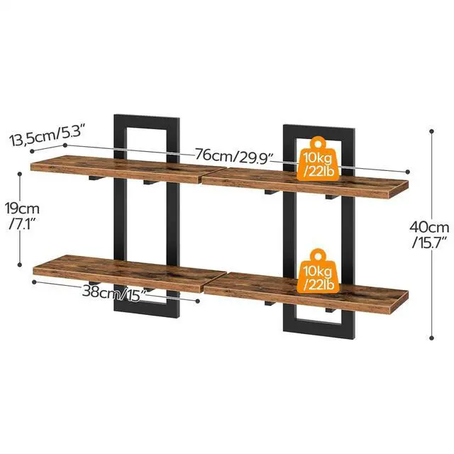 Alt view image 2 of 7 - Floating Shelves, 15 Inch Wall Shelf Set of 2, Wall Mounted Storage Shelves 2-Tier, Hanging Bathroom Shelves, for Living Room, Bedroom, Bathroom, Kitchen, Rustic Brown and Black BF32BJ01G1