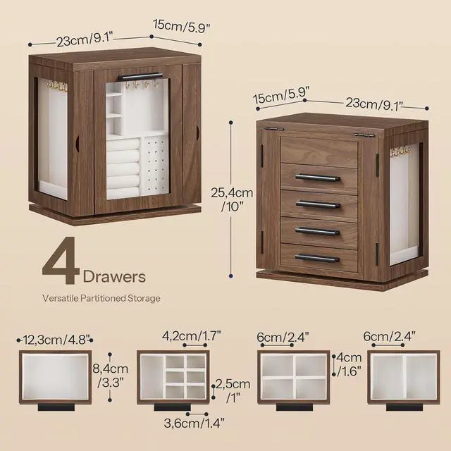 Alt view image 7 of 7 - 360° Rotating Jewelry Box with Mirror, Jewelry Organizer with 4 Drawers, 3 Transparent Acrylic Doors, Wooden Jewelry Storage Box for Necklaces, Rings, Bracelets, Earrings, Walnut BH31JB04