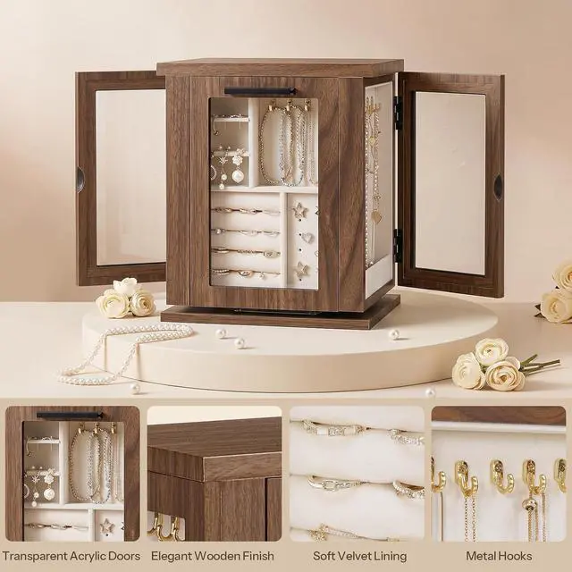 Alt view image 6 of 7 - 360° Rotating Jewelry Box with Mirror, Jewelry Organizer with 4 Drawers, 3 Transparent Acrylic Doors, Wooden Jewelry Storage Box for Necklaces, Rings, Bracelets, Earrings, Walnut BH31JB04