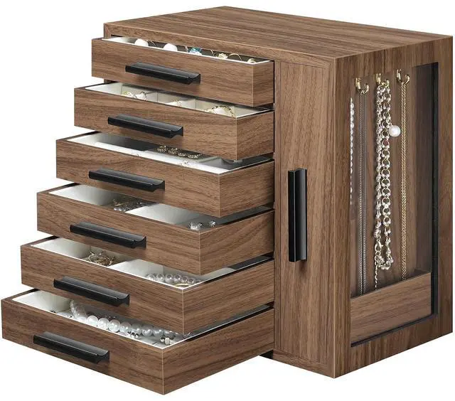 Main image of Jewelry Box for Women, Jewelry Organizer Box, 6-Tier Wooden Jewelry Box, Jewelry Case with Side Transparent Window, Creative Gift, for Earring, Necklace, Bracelet, Walnut and Black BH12JB04