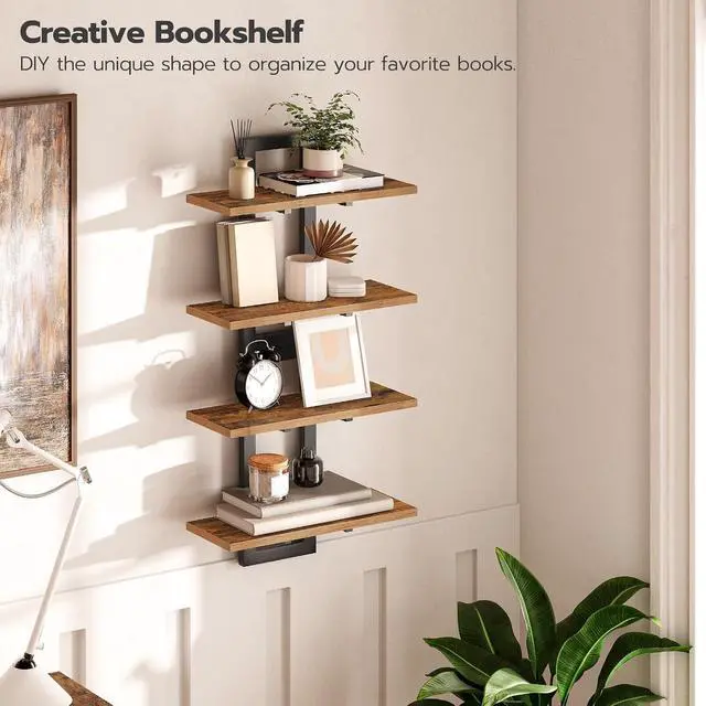 Alt view image 7 of 7 - Floating Shelves, 15 Inch Wall Shelf Set of 2, Wall Mounted Storage Shelves 2-Tier, Hanging Bathroom Shelves, for Living Room, Bedroom, Bathroom, Kitchen, Rustic Brown and Black BF32BJ01G1