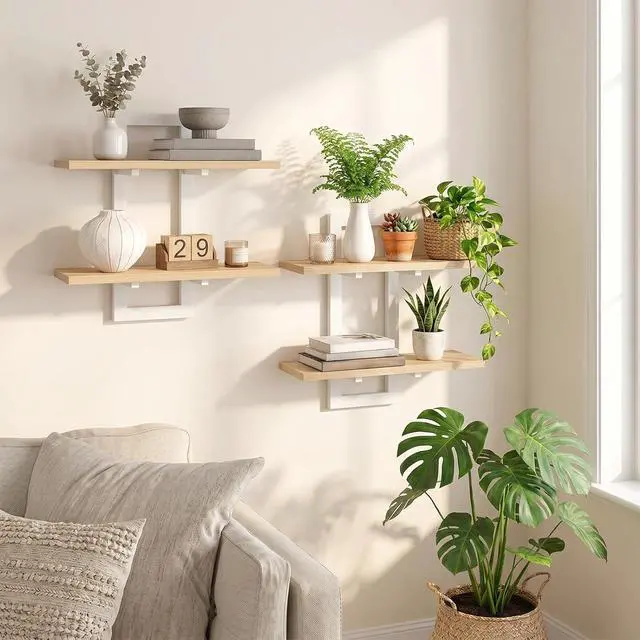 Alt view image 2 of 3 - 2-Tier Floating Shelves, 15 Inch Wall Shelf Set of 2 | Wall Mounted Storage Shelves, Hanging Bathroom Shelves, for Living Room, Bedroom, Bathroom, Kitchen, Rustic Brown and Black