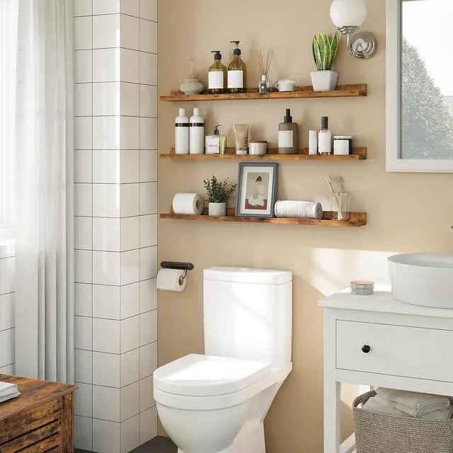 Alt view image 2 of 7 - Floating Shelves, Wall Shelf Set of 3, 35.4 Inches Hanging Shelf with Raised Edge and Invisible Brackets, for Bathroom, Bedroom, Kitchen, Office, Living Room Decor, Rustic Brown BF90BJ01