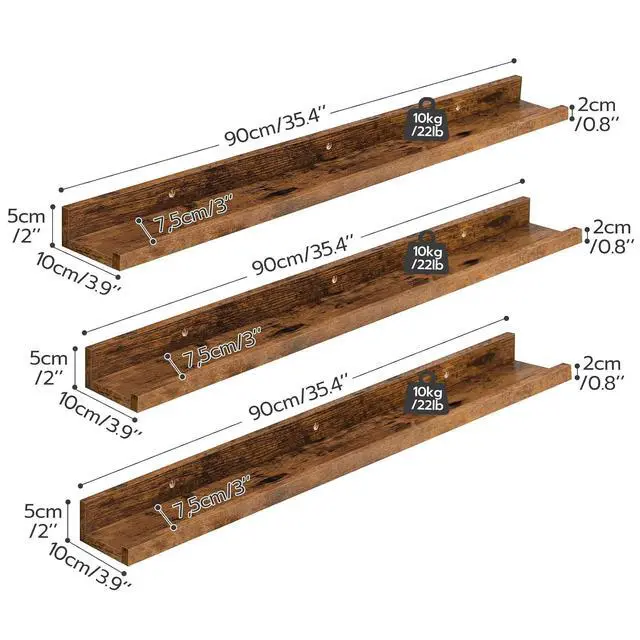 Alt view image 3 of 7 - Floating Shelves, Wall Shelf Set of 3, 35.4 Inches Hanging Shelf with Raised Edge and Invisible Brackets, for Bathroom, Bedroom, Kitchen, Office, Living Room Decor, Rustic Brown BF90BJ01