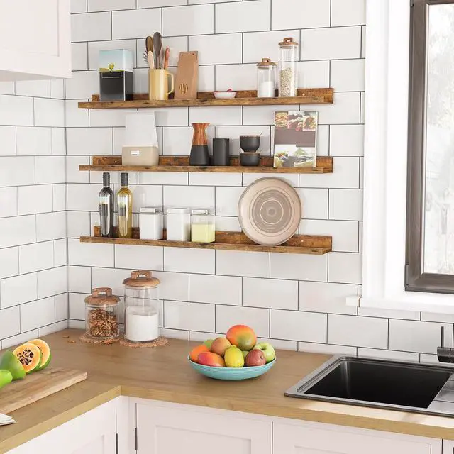 Alt view image 4 of 7 - Floating Shelves, Wall Shelf Set of 3, 35.4 Inches Hanging Shelf with Raised Edge and Invisible Brackets, for Bathroom, Bedroom, Kitchen, Office, Living Room Decor, Rustic Brown BF90BJ01