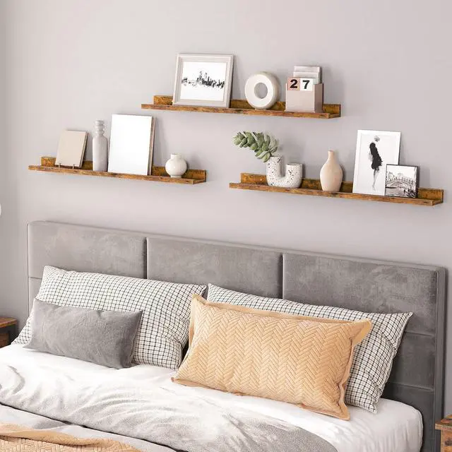 Alt view image 5 of 7 - Floating Shelves, Wall Shelf Set of 3, 35.4 Inches Hanging Shelf with Raised Edge and Invisible Brackets, for Bathroom, Bedroom, Kitchen, Office, Living Room Decor, Rustic Brown BF90BJ01