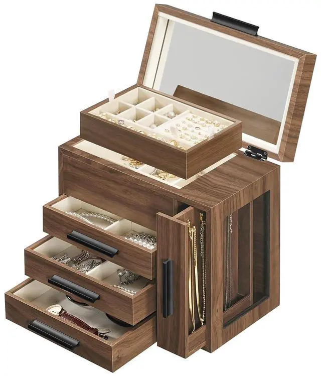 Main image of Jewelry Box with Mirror, Wooden Jewelry Organizer Box with Side Clear Acrylic Panel, Large Jewelry Case for Earrings, Necklaces, Rings, Watches, Walnut BH22JB04