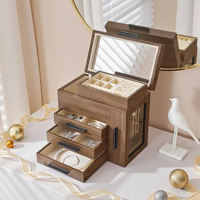Alt view image 4 of 7 - Jewelry Box with Mirror, Wooden Jewelry Organizer Box with Side Clear Acrylic Panel, Large Jewelry Case for Earrings, Necklaces, Rings, Watches, Walnut BH22JB04