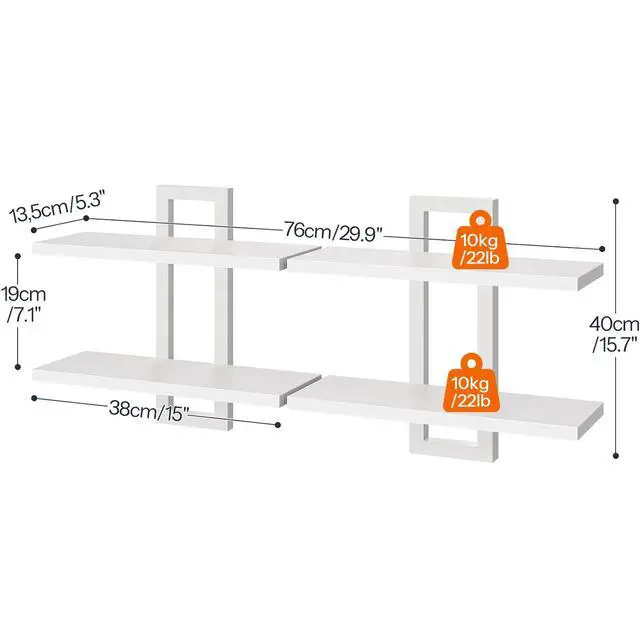 Alt view image 2 of 7 - Floating Shelves, 15 Inch Wall Shelf Set of 2, Wall Mounted Storage Shelves 2-Tier, Hanging Bathroom Shelves, for Living Room, Bedroom, Bathroom, Kitchen, White WW32BJ01