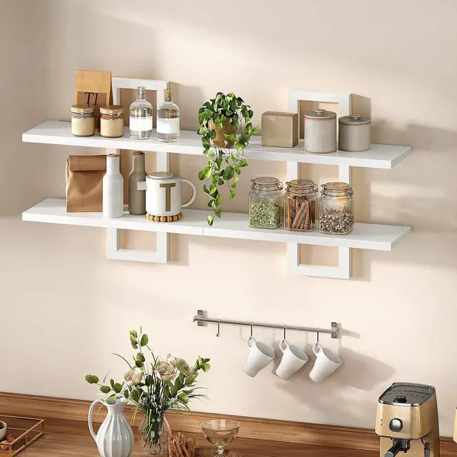 Alt view image 3 of 7 - Floating Shelves, 15 Inch Wall Shelf Set of 2, Wall Mounted Storage Shelves 2-Tier, Hanging Bathroom Shelves, for Living Room, Bedroom, Bathroom, Kitchen, White WW32BJ01