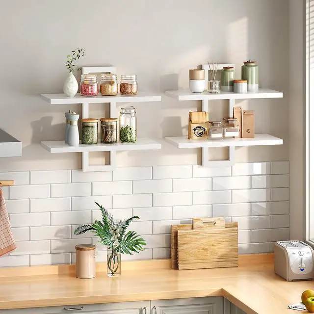 Alt view image 4 of 7 - Floating Shelves, 15 Inch Wall Shelf Set of 2, Wall Mounted Storage Shelves 2-Tier, Hanging Bathroom Shelves, for Living Room, Bedroom, Bathroom, Kitchen, White WW32BJ01