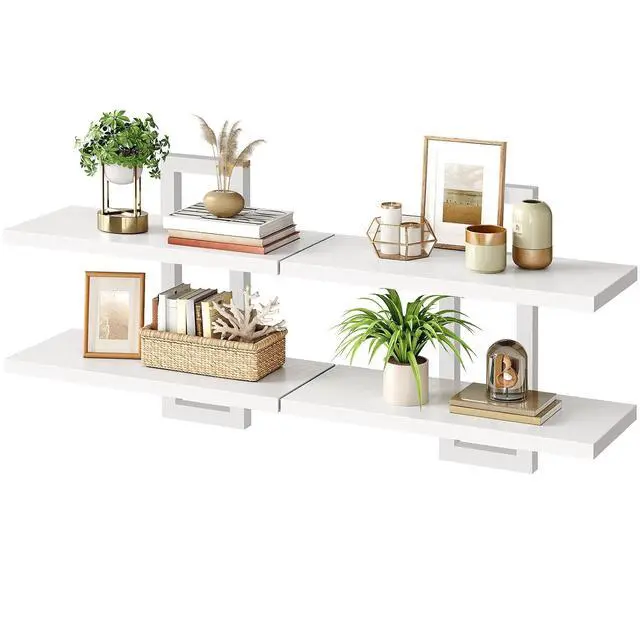 Alt view image 7 of 7 - Floating Shelves, 15 Inch Wall Shelf Set of 2, Wall Mounted Storage Shelves 2-Tier, Hanging Bathroom Shelves, for Living Room, Bedroom, Bathroom, Kitchen, White WW32BJ01