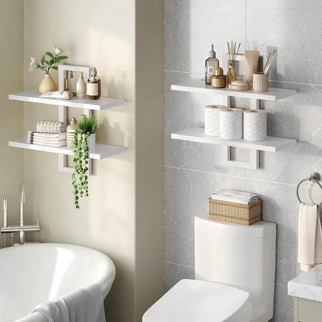 Alt view image 6 of 7 - Floating Shelves, 15 Inch Wall Shelf Set of 2, Wall Mounted Storage Shelves 2-Tier, Hanging Bathroom Shelves, for Living Room, Bedroom, Bathroom, Kitchen, White WW32BJ01