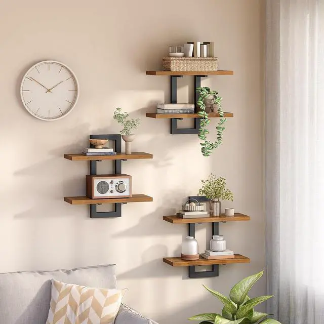 Main image of Floating Shelves, 15 Inch Wall Shelf Set of 3, Wall Mounted Storage Shelves 2-Tier, Hanging Bathroom Shelves, for Living Room, Bedroom, Bathroom, Kitchen, Rustic Brown and Black BF32BJP301