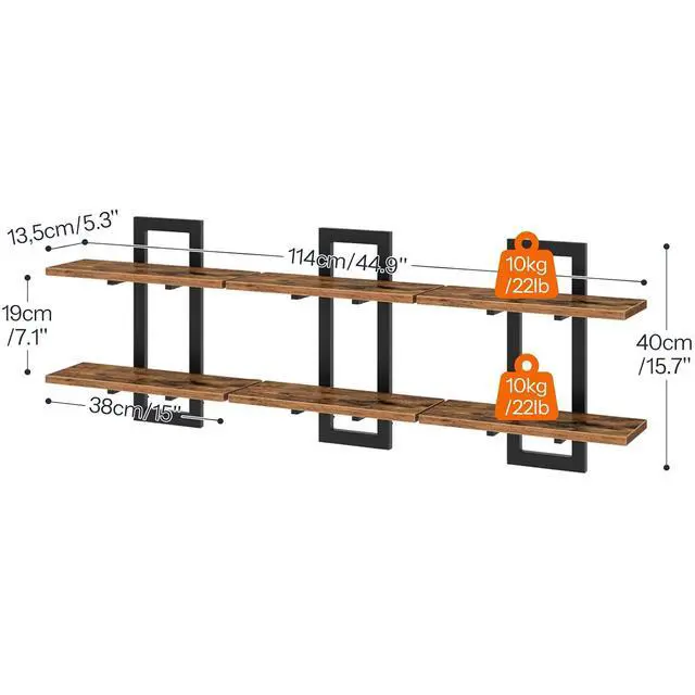 Alt view image 2 of 7 - Floating Shelves, 15 Inch Wall Shelf Set of 3, Wall Mounted Storage Shelves 2-Tier, Hanging Bathroom Shelves, for Living Room, Bedroom, Bathroom, Kitchen, Rustic Brown and Black BF32BJP301
