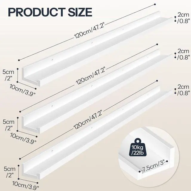 Alt view image 3 of 7 - Floating Shelves, Wall Shelf Set of 3, 47.2 Inches Hanging Shelf with Raised Edge and Invisible Brackets, for Bathroom, Bedroom, Kitchen, Office, Living Room Decor, White WT92BJ01