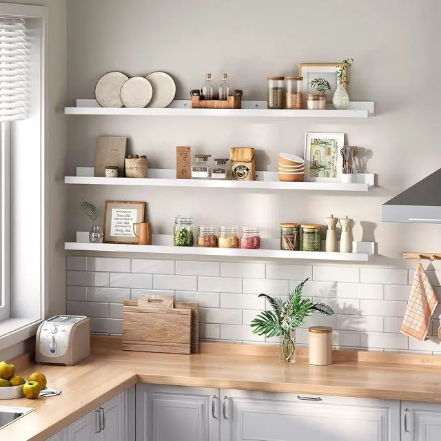 Alt view image 2 of 7 - Floating Shelves, Wall Shelf Set of 3, 47.2 Inches Hanging Shelf with Raised Edge and Invisible Brackets, for Bathroom, Bedroom, Kitchen, Office, Living Room Decor, White WT92BJ01