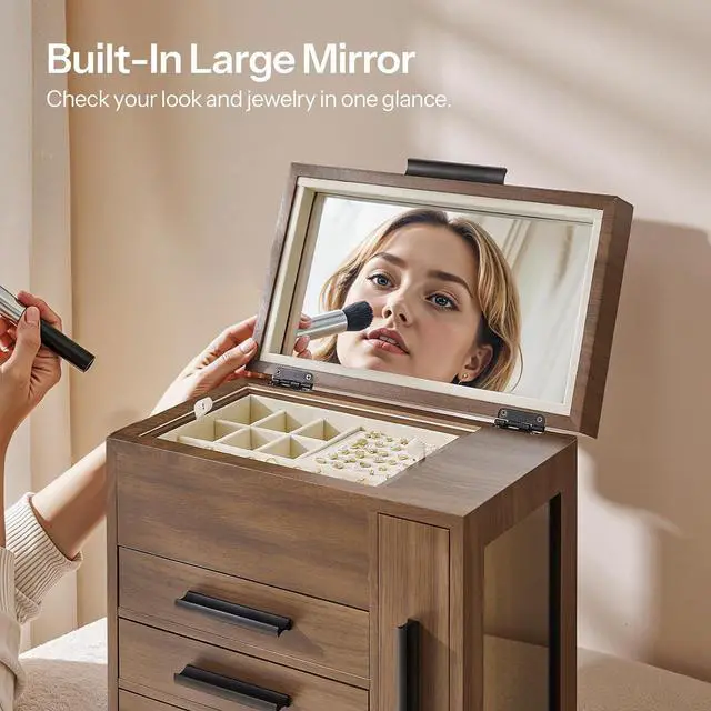 Alt view image 7 of 7 - Jewelry Box with Mirror, Wooden Jewelry Organizer Box with Side Clear Acrylic Panel, Large Jewelry Case for Earrings, Necklaces, Rings, Watches, Walnut BH22JB04
