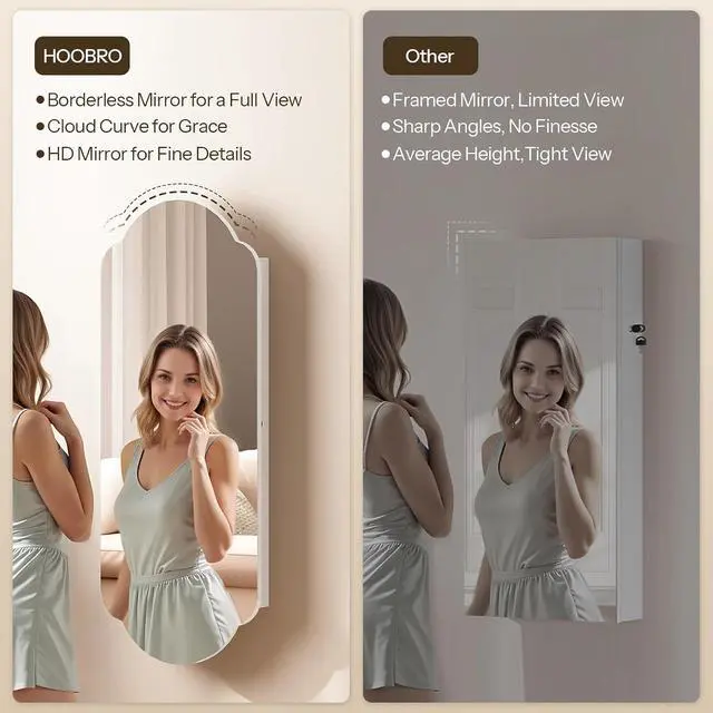 Alt view image 6 of 7 - Jewelry Cabinet Wall/Door Mounted, LED Jewelry Organizer, Lockable | Jewelry Armoire, Hanging Jewelry Cabinet with Storage, Wide Full Length Mirror, 4.1 x 16.5 x 42.5 Inches, White