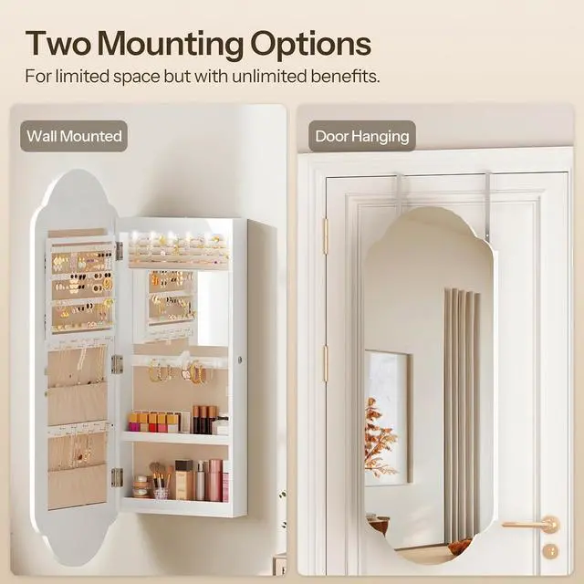Alt view image 7 of 7 - Jewelry Cabinet Wall/Door Mounted, LED Jewelry Organizer, Lockable | Jewelry Armoire, Hanging Jewelry Cabinet with Storage, Wide Full Length Mirror, 4.1 x 16.5 x 42.5 Inches, White