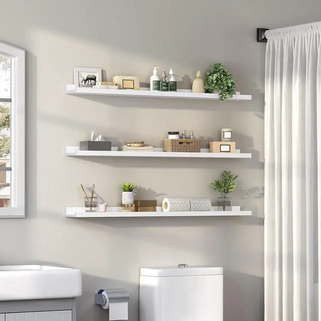 Alt view image 4 of 7 - Floating Shelves, Wall Shelf Set of 3, 47.2 Inches Hanging Shelf with Raised Edge and Invisible Brackets, for Bathroom, Bedroom, Kitchen, Office, Living Room Decor, White WT92BJ01