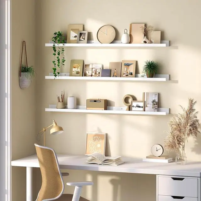 Alt view image 6 of 7 - Floating Shelves, Wall Shelf Set of 3, 47.2 Inches Hanging Shelf with Raised Edge and Invisible Brackets, for Bathroom, Bedroom, Kitchen, Office, Living Room Decor, White WT92BJ01