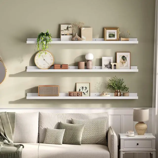 Alt view image 5 of 7 - Floating Shelves, Wall Shelf Set of 3, 47.2 Inches Hanging Shelf with Raised Edge and Invisible Brackets, for Bathroom, Bedroom, Kitchen, Office, Living Room Decor, White WT92BJ01