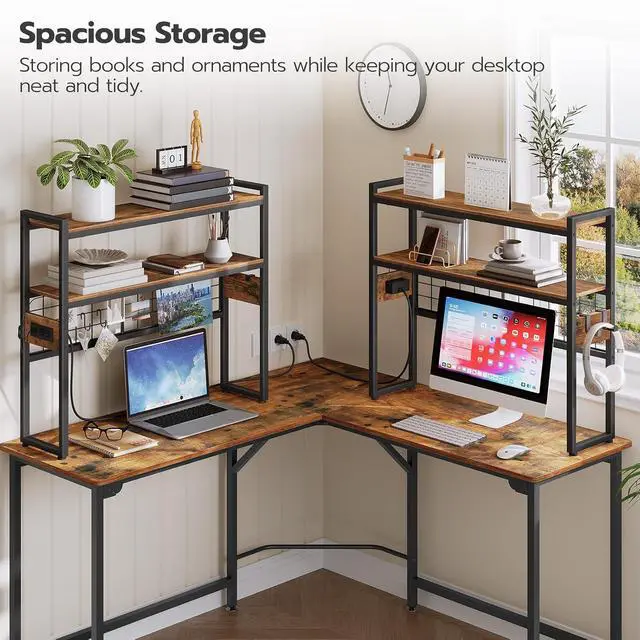 Alt view image 5 of 7 - Desktop Bookcase, 2-Tier Desktop Organizer, 29.9" Wooden Office Storage Rack with Outlets, Display Shelf Rack with Light Strip, Desk Hutch for Office, Rustic Brown BF11UDSJ01
