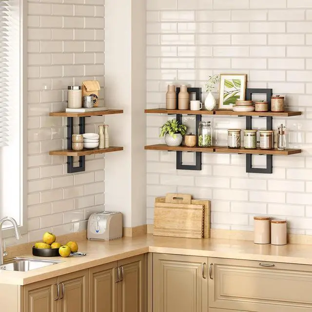 Alt view image 4 of 7 - Floating Shelves, 15 Inch Wall Shelf Set of 3, Wall Mounted Storage Shelves 2-Tier, Hanging Bathroom Shelves, for Living Room, Bedroom, Bathroom, Kitchen, Rustic Brown and Black BF32BJP301