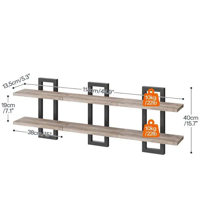 Alt view image 2 of 7 - Floating Shelves, 15 Inch Wall Shelf Set of 3, Wall Mounted Storage Shelves 2-Tier, Hanging Bathroom Shelves, for Living Room, Bedroom, Bathroom, Kitchen, Greige and Black BG32BJP301