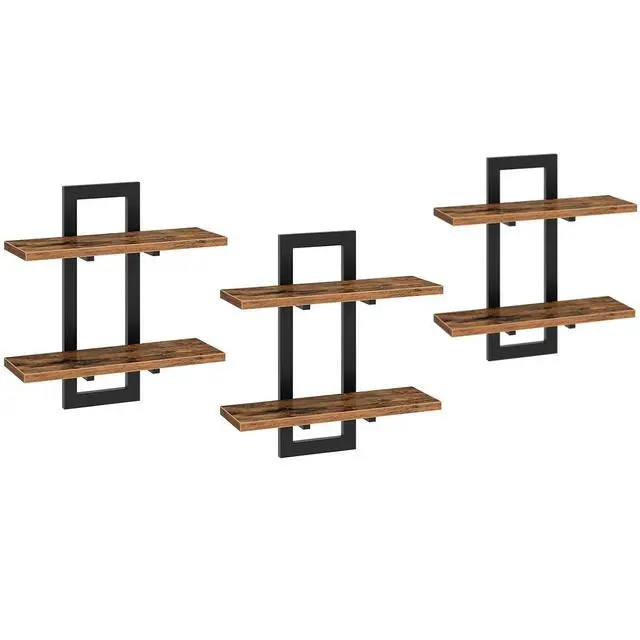 Alt view image 7 of 7 - Floating Shelves, 15 Inch Wall Shelf Set of 3, Wall Mounted Storage Shelves 2-Tier, Hanging Bathroom Shelves, for Living Room, Bedroom, Bathroom, Kitchen, Rustic Brown and Black BF32BJP301