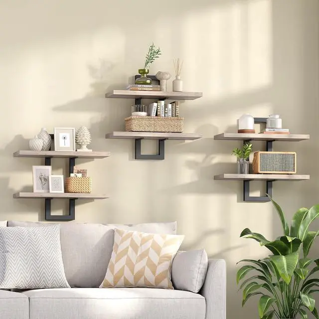 Main image of Floating Shelves, 15 Inch Wall Shelf Set of 3, Wall Mounted Storage Shelves 2-Tier, Hanging Bathroom Shelves, for Living Room, Bedroom, Bathroom, Kitchen, Greige and Black BG32BJP301